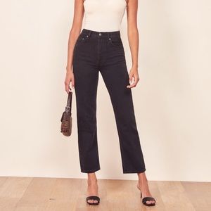 Reformation Cynthia High Rise Straight Jeans Button Fly Washed Black